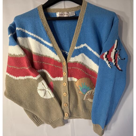 Sharon Young Coastal Fish Shell Knit Cardigan Cotton Sweater Medium - Picture 2 of 13